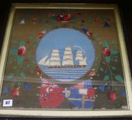 A Victorian sailor's woolwork picture, circa 1855, worked with a telescopic view of a Royal Navy