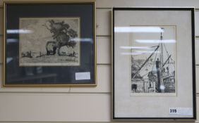 Edgar HollowayetchingUnloading a barge, 24 x 16cm, and Leslie Brangwyn, etching, Under the tree,16 x