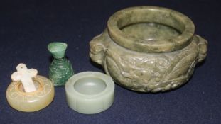 A Chinese finely carved stoneware censer and two jade brushwashers, a crucifix and a bottle