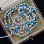 A cultured pearl and turquoise necklace with rose cut diamond set 9ct white gold clasp, 64cm.