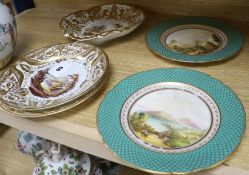 A pair of early 19th century landscape plates, a pair of similar Derby plates and a Derby shaped