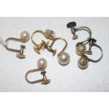 Six assorted ear clips including three 9ct gold and cultured pearl, two silver and one odd clip.