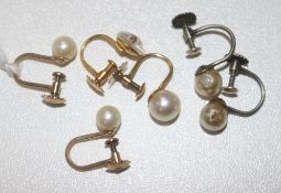 Six assorted ear clips including three 9ct gold and cultured pearl, two silver and one odd clip.