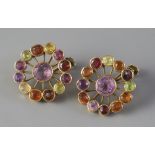 A pair of gold and multi gem set "wheel" ear clips, 22mm.