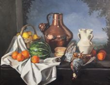 J.m. Sagunaoil on canvasStill life of partridges, vegetables and fruit, a landscape beyondsigned and