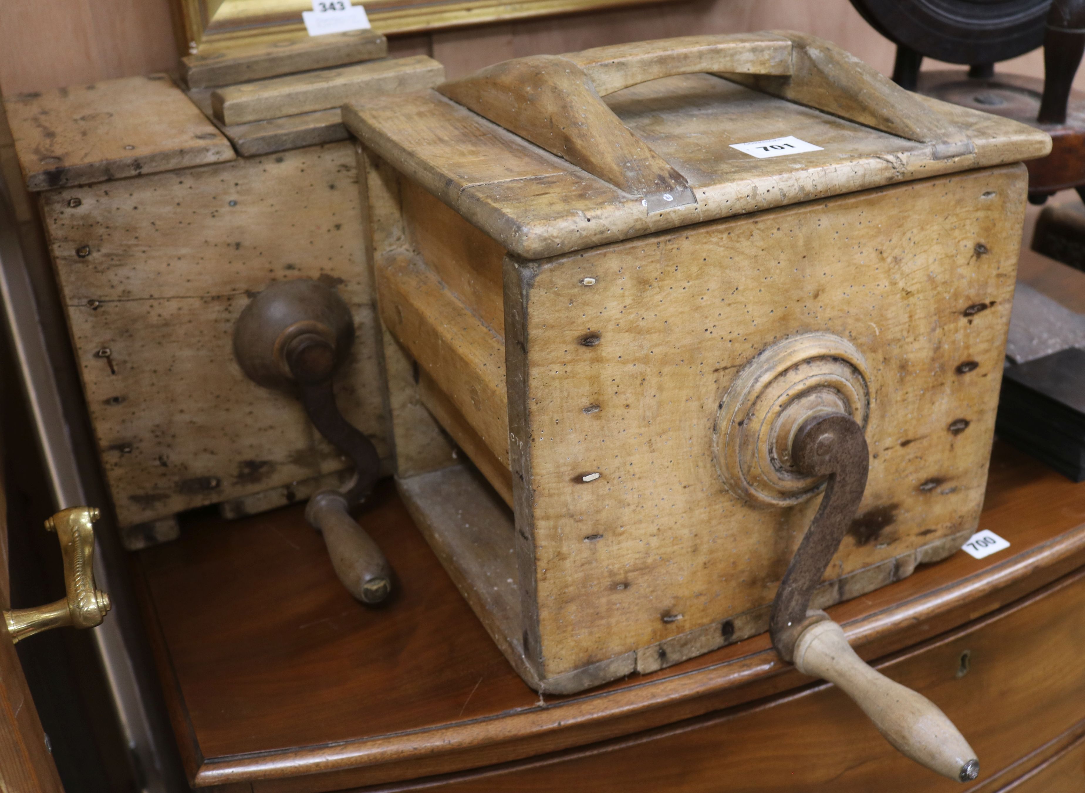 Two treen butter churns,