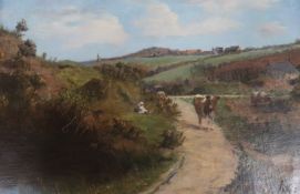 William Eadieoil on canvasGirl and cattle in an open landscapesigned and dated189829 x 44cm