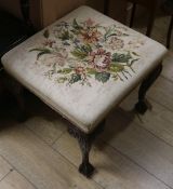 A Victorian dressing stool with cabriole legs and claw and ball feet, W.53cm