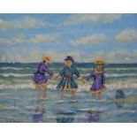 Ross Fosteroil on boardChildren paddling on the seashoresigned and dated 200362 x 74cm