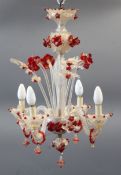 A Venetian clear and red glass four branch chandelier, c.1900, H.2ft 2in.