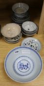 A Chinese Nanking cargo blue and white bowl and a saucer and other Chinese blue and white ceramics