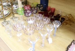 Six coloured hock glasses, six champagne glasses, five 'Venetian' glasses and other various glasses