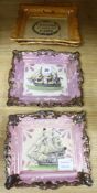 Two Sunderland pink lustre ship wall plaques, two Sunderland orange lustre wall plaques and two