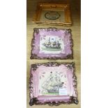 Two Sunderland pink lustre ship wall plaques, two Sunderland orange lustre wall plaques and two