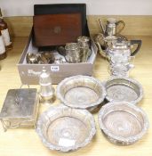 Two pairs of 19th century silver plated wine coasters and other plated wares including butter