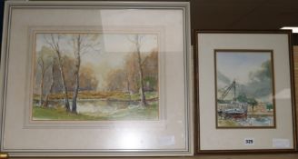 D N MorganwatercolourWoodland Pool and a sketch of a fishing boat in harbourlargest 27 x 37cm