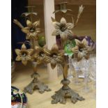 A pair of gilt metal French floral candlesticks