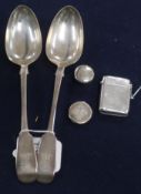 A pair of Victorian silver tablespoons, Newcastle 1848, Reid & Sons, a silver vesta case and two