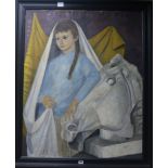 Vaz Pinez Diazoil on canvasGirl beside a horse head sculpturesigned99 x 80cm
