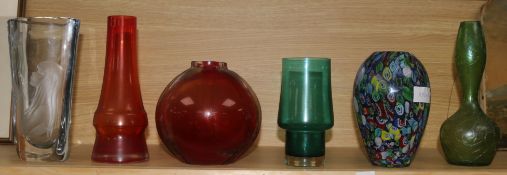 A Stromberg engraved glass vase and five other glass vases