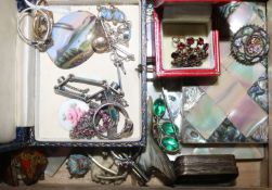 Mixed jewellery including 3 gold and diamond rings, other jewellery and a mother of pearl card