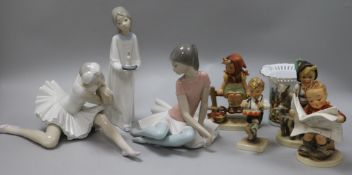 Two Lladro figures of ballerinas, another of a child with candle, four Goebel figures of children,