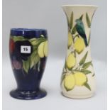 A Moorcroft 'lemon's' vase and a restored 'fruit' vase