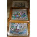 A pair of Victorian maple framed Berlin needlework patterns and a printed street scene