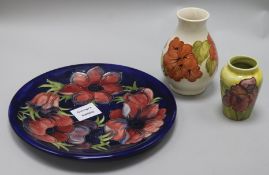 Two Moorcroft small vases and a blue plate