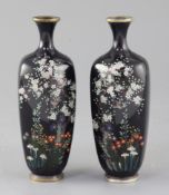 A pair of Japanese silver wire cloisonne enamel hexagonal vases, Meiji period, decorated with