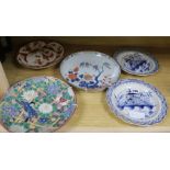 Three Oriental plates and two pearlware plates