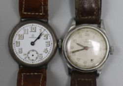 Two gentleman's 1920's/1930's Omega manual wind wrist watches, one with silver case.