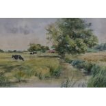 Michael Cruickshank, watercolour, river landscape with cattle 19 x 29cm.