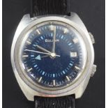 A gentleman's early 1970's stainless steel Bulova alarm wrist watch, with blue dial, baton markers