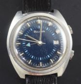 A gentleman's early 1970's stainless steel Bulova alarm wrist watch, with blue dial, baton markers