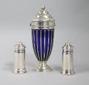 An Edwardian silver mounted blue glass sugar shaker and an early 20th century Australian silver salt