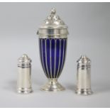 An Edwardian silver mounted blue glass sugar shaker and an early 20th century Australian silver salt