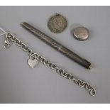 A sterling silver Parker pen, a Tiffany and Co silver bracelet, pill box and a George III coin