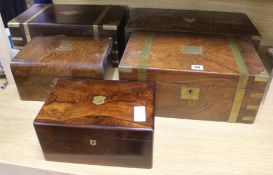 Three 19th century writing slopes and two jewellery boxes