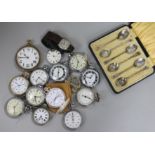Fourteen assorted pocket watches and a case of six silver teaspoons.