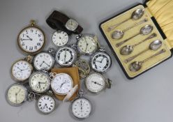 Fourteen assorted pocket watches and a case of six silver teaspoons.