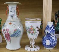 A Chinese blue and white vase, another, and an overlaid glass vase