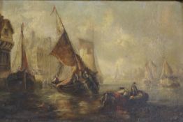 19th century English Schooloil on boardShipping in harbour22.5 x 33cm.
