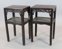 A pair of Chinese hongmu rectangular two tier tables, late 19th century, with lingzhi fungus