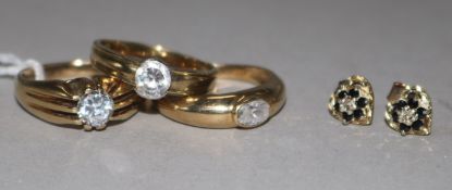 Three 9ct gold and cubic zirconia rings, various and a pair of 9ct gold, sapphire and diamond