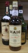 Nine assorted bottles of whisky, including Catto's, Kennore, J&B, Haig and Ballautires