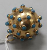 A cabochon turquoise set gold sphere pendant, 28mm.