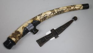 A Chinese figure-carved segmented bone opium pipe, white metal mounts and a Skean Dhu style knife in