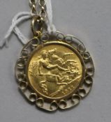 A 1911 gold half sovereign, in 9ct gold pendant mount and chain.