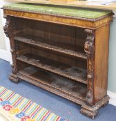 A Victorian walnut open bookcase with simulated malachite top, W.137cm